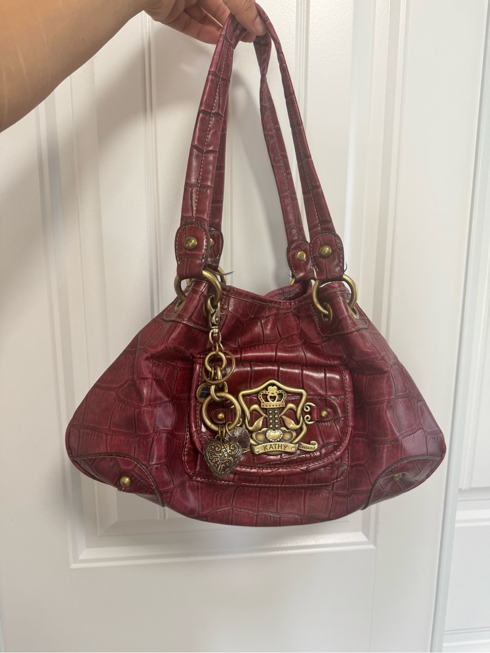 Kathy Van Zeeland Burgundy Croc-Embossed Shoulder Bag with Gold Hardware